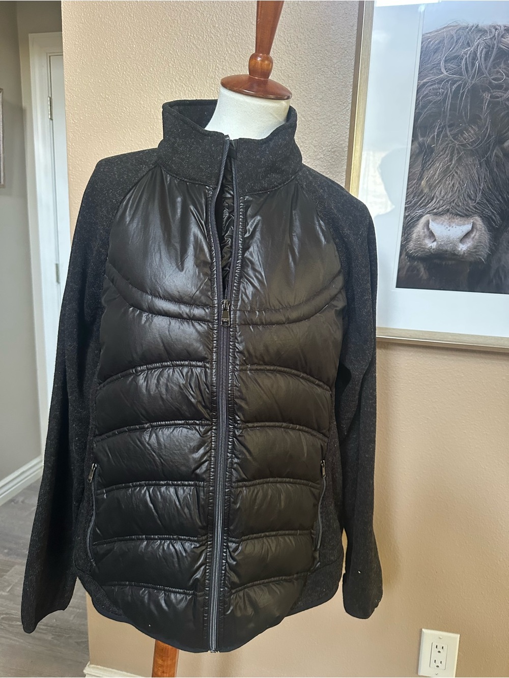 Black London Fog Women's Hybrid Puffer Jacket XL with Knit Sleeves